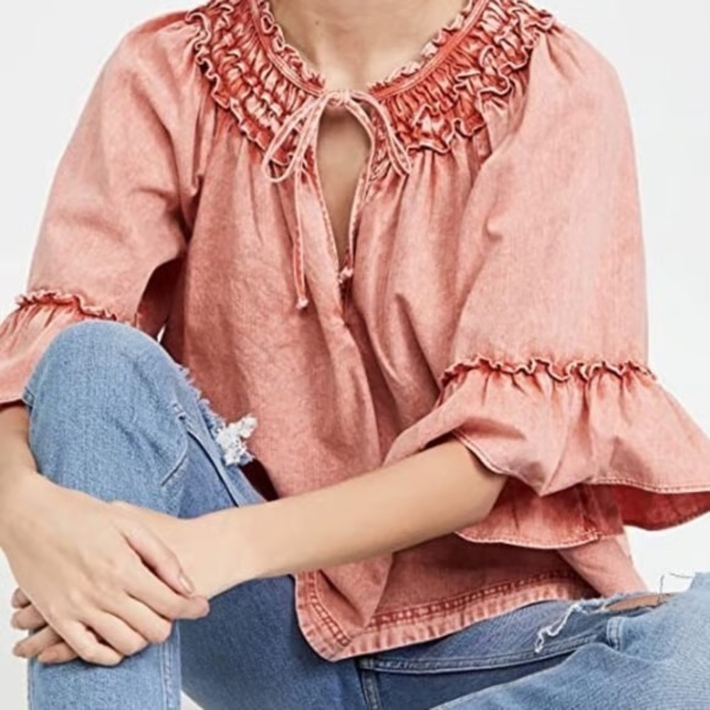 Free People Ainsley Denim Blouse top in Mineral Rose Wash